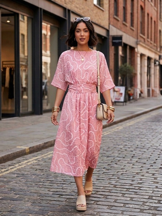 Vintage Dresses & Skirts - Vintage 80s Bubblegum Pink Abstract Midi Dress | 14